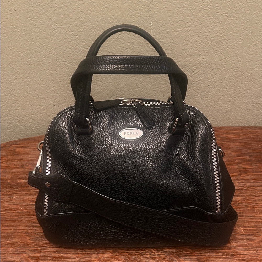 Furla Black Pebbled Leather Satchel with Shoulder Strap